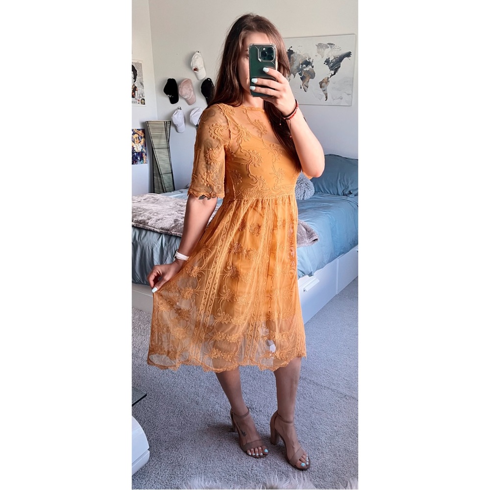 Xhilaration yellow mustard lace midi dress